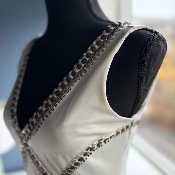 Bebe Cream Bodycon Sleeveless Mini Dress with Gold Studs & Sequins - Sexy Party - Picture 11 of 16